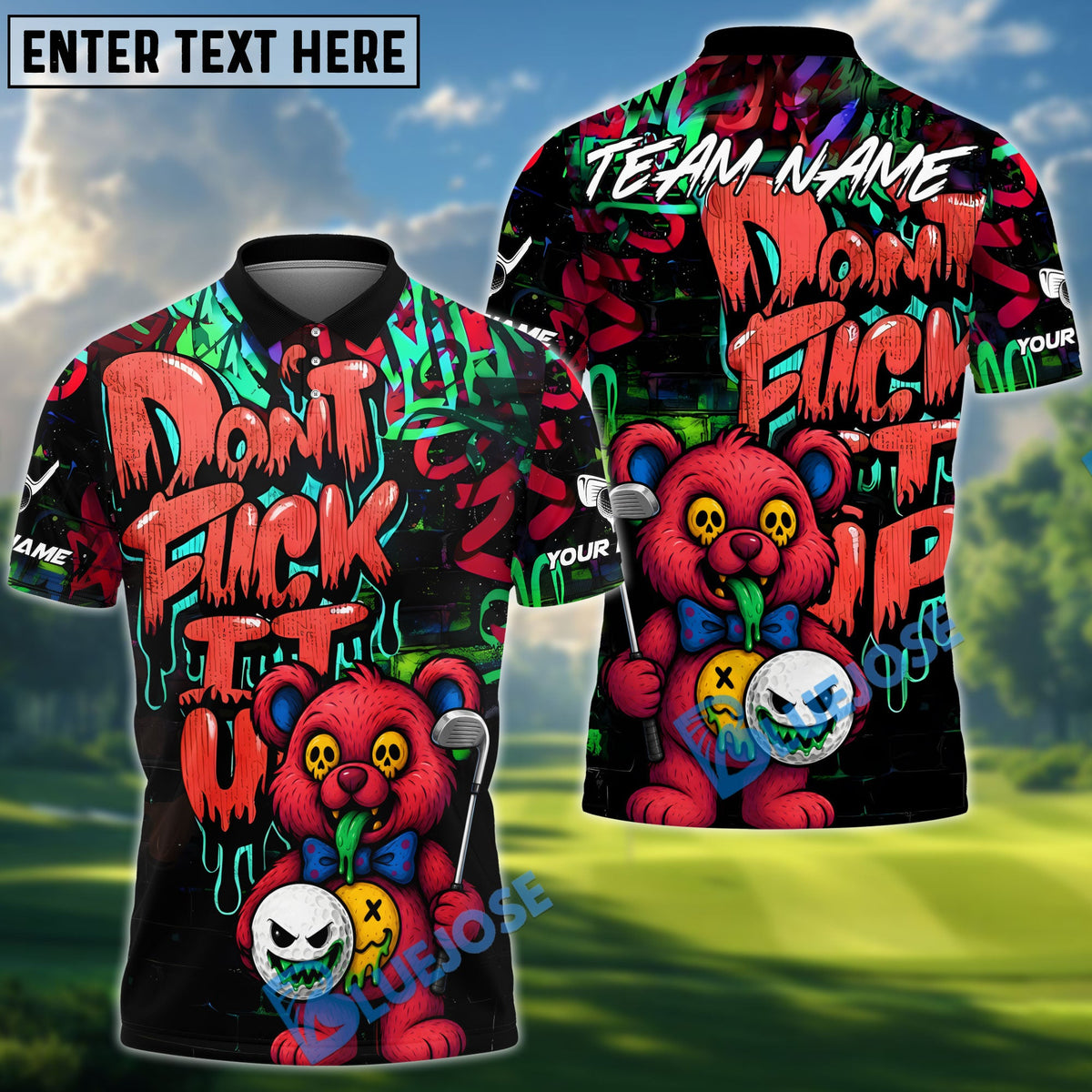 BlueJose Golf Bear Scary Teddy Graffiti Style Personalized Name, Team Name 3D Shirt (4 Colors)