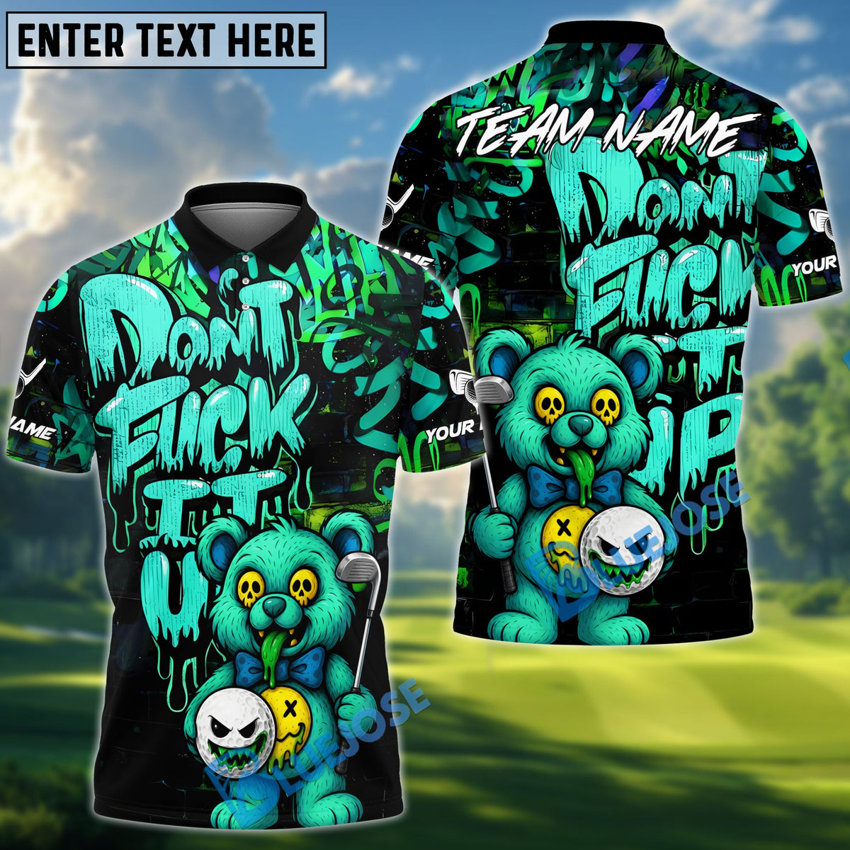 BlueJose Golf Bear Scary Teddy Graffiti Style Personalized Name, Team Name 3D Shirt (4 Colors)