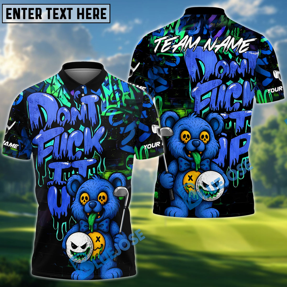 BlueJose Golf Bear Scary Teddy Graffiti Style Personalized Name, Team Name 3D Shirt (4 Colors)