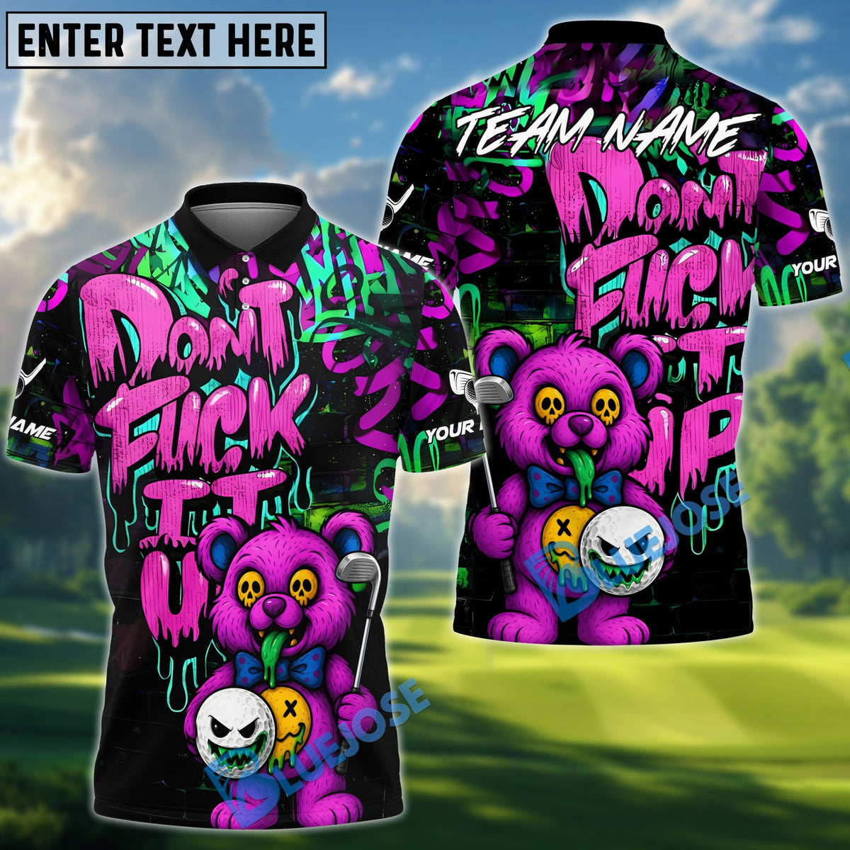 BlueJose Golf Bear Scary Teddy Graffiti Style Personalized Name, Team Name 3D Shirt (4 Colors)