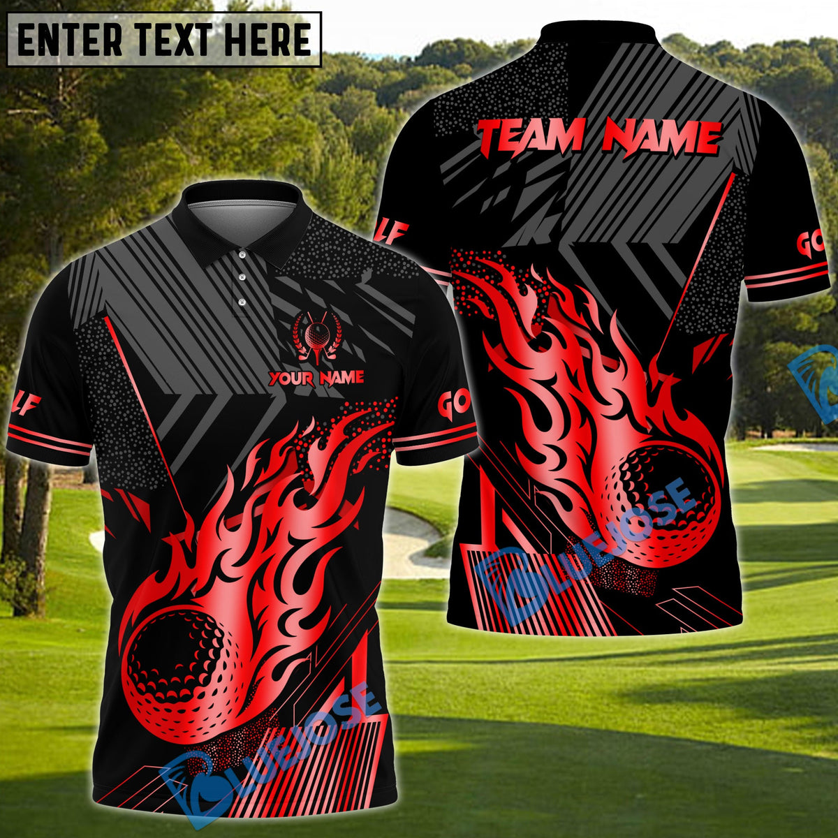 BlueJose Golf Black Gold Flaming Personalized Name, Team Name 3D Shirt (6 Colors)