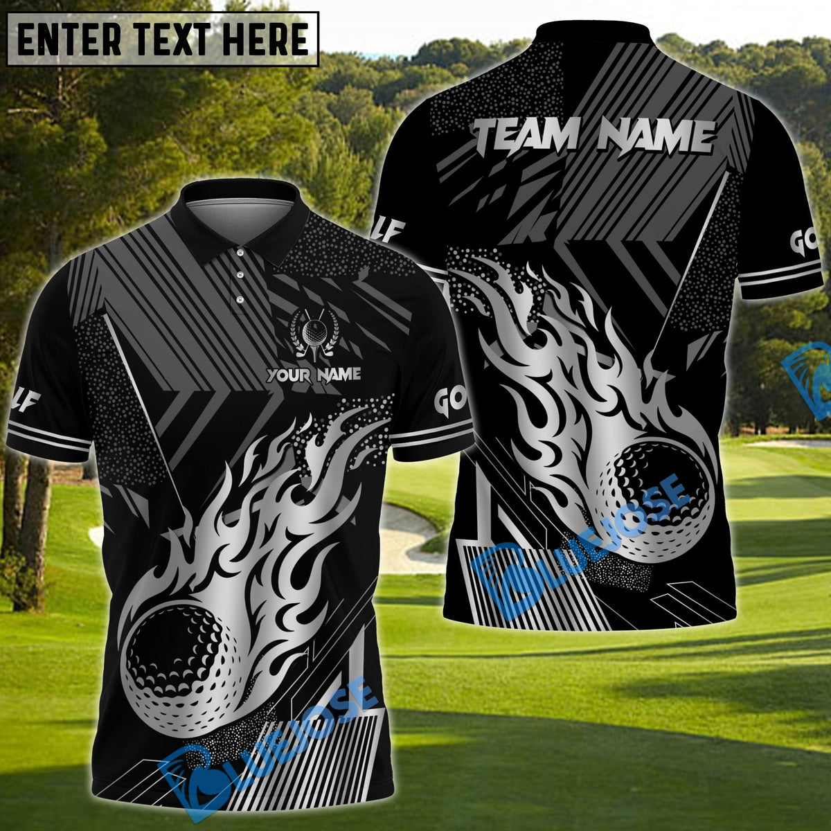 BlueJose Golf Black Gold Flaming Personalized Name, Team Name 3D Shirt (6 Colors)