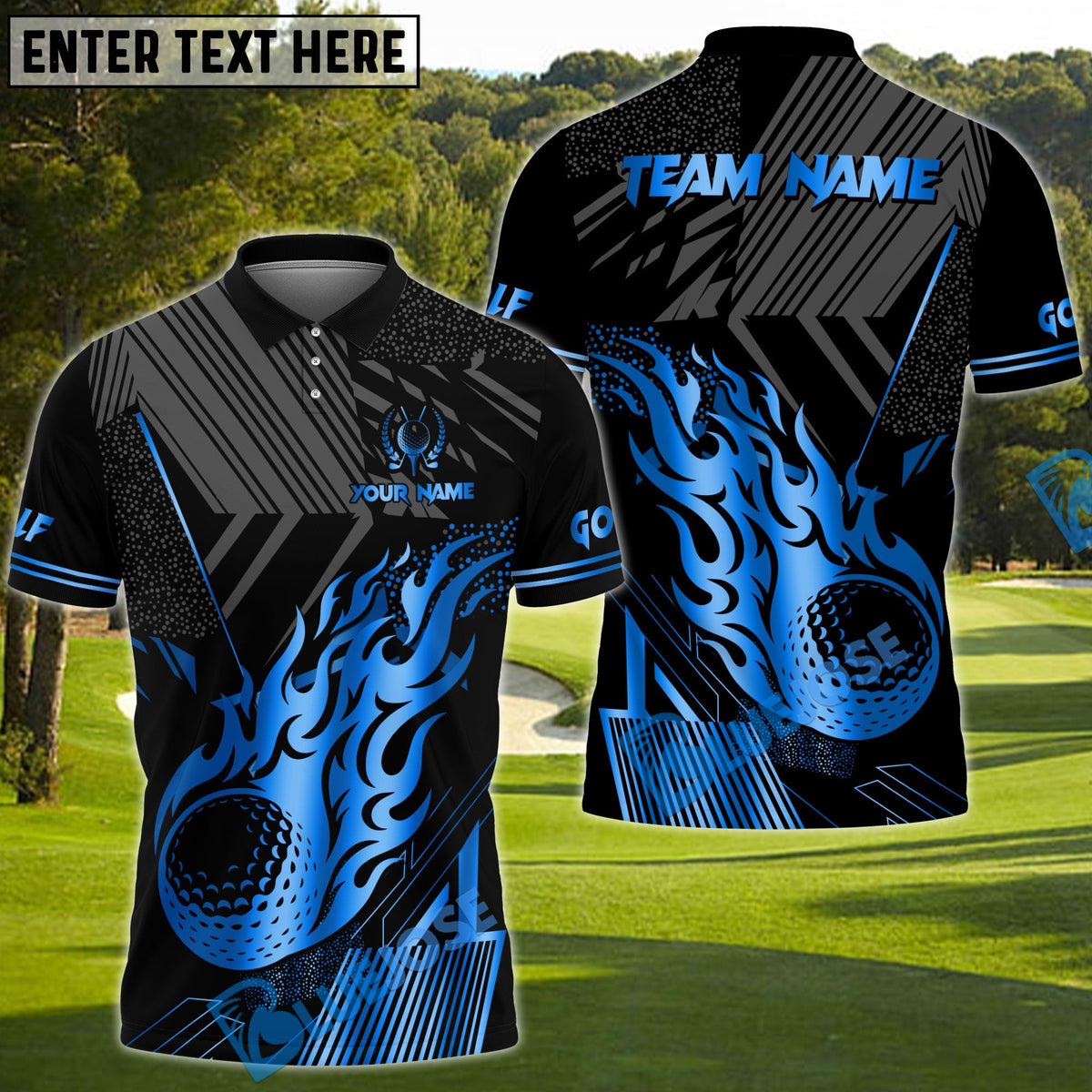 BlueJose Golf Black Gold Flaming Personalized Name, Team Name 3D Shirt (6 Colors)