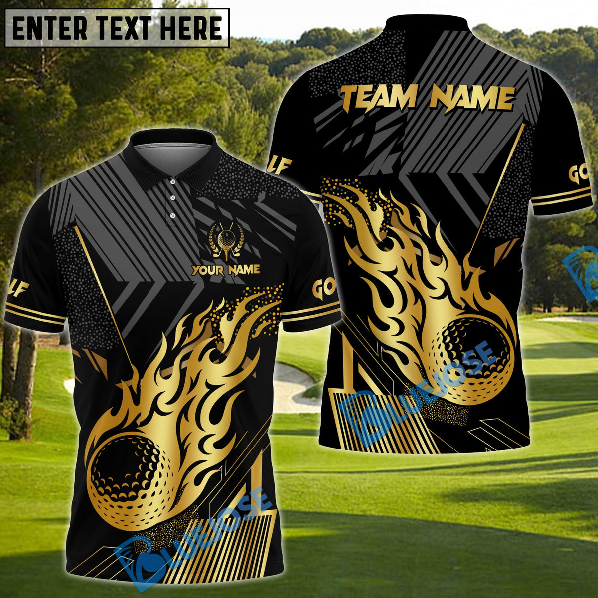 BlueJose Golf Black Gold Flaming Personalized Name, Team Name 3D Shirt (6 Colors)