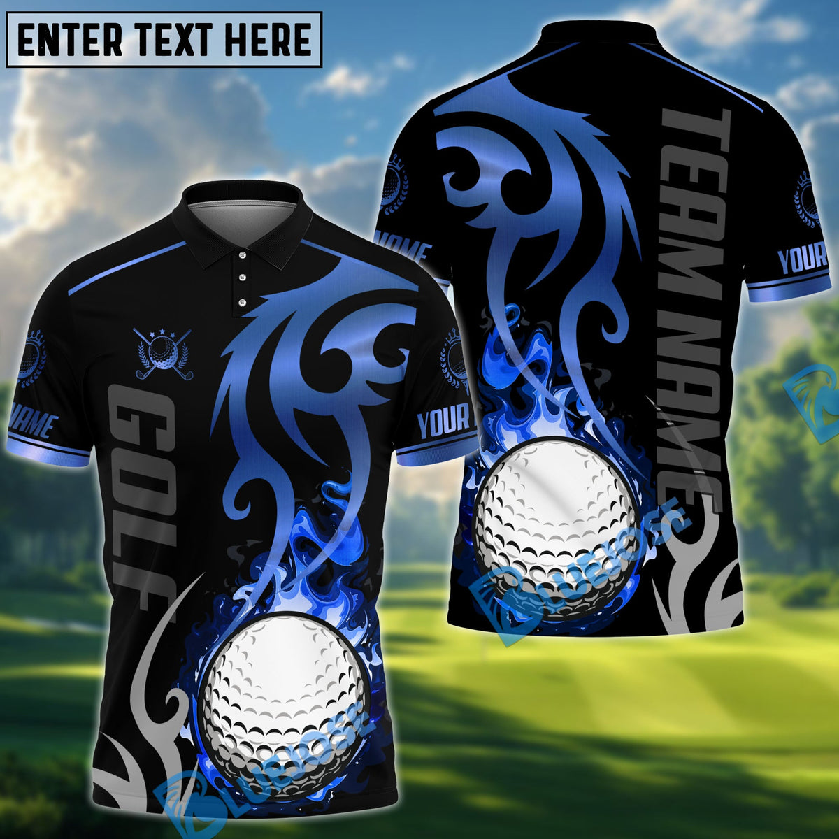 BlueJose Golf Flame Premium Pattern Personalized Name, Team Name 3D Shirt (6 Colors)