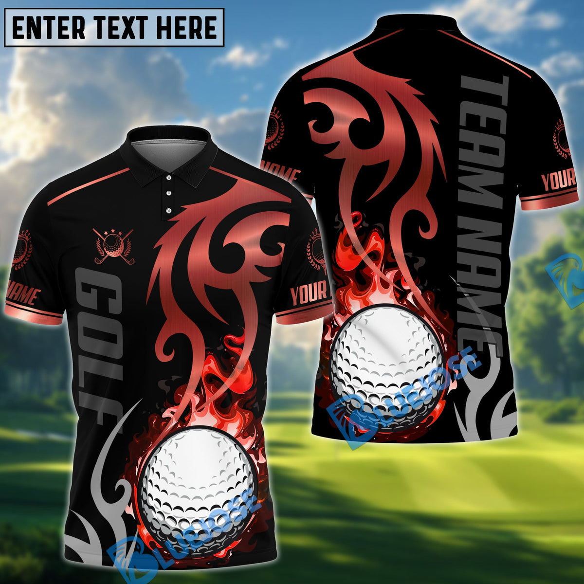 BlueJose Golf Flame Premium Pattern Personalized Name, Team Name 3D Shirt (6 Colors)