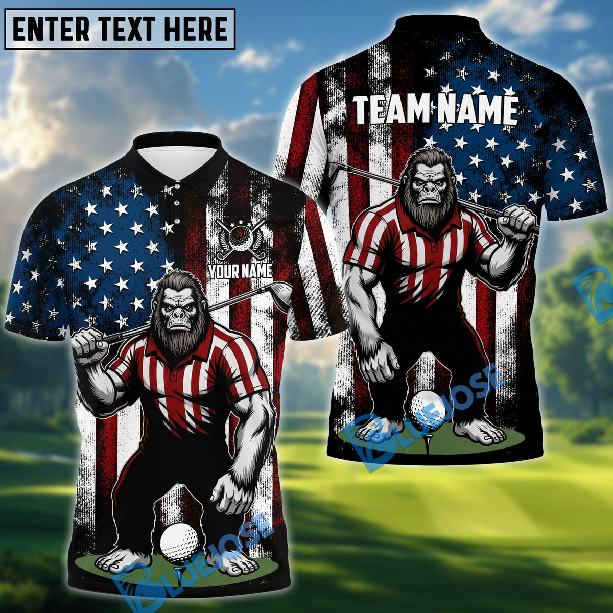 BlueJose Golf American Flag Bigfoot Customized Name, Team Name 3D Shirt