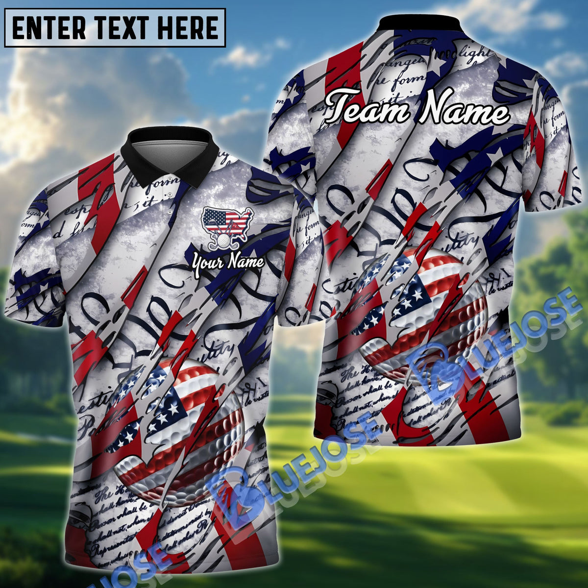 BlueJose Golf American Patriot Customized Name, Team Name 3D Shirt