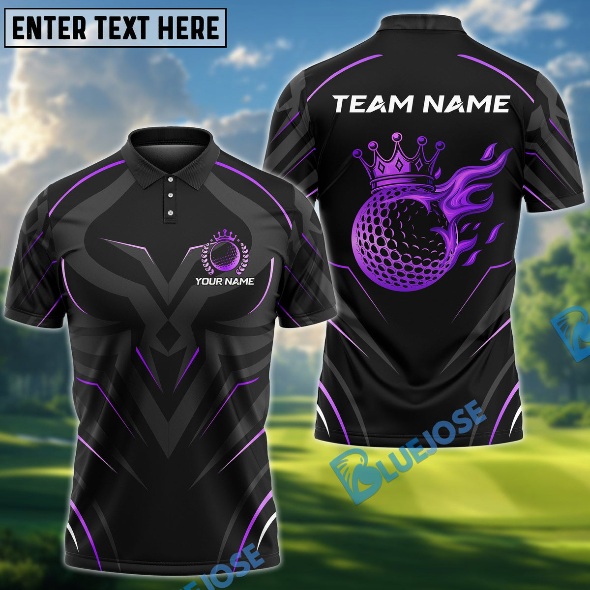 BlueJose Golf Golden Royal Flame Personalized Name, Team Name 3D Shirt (6 Colors)
