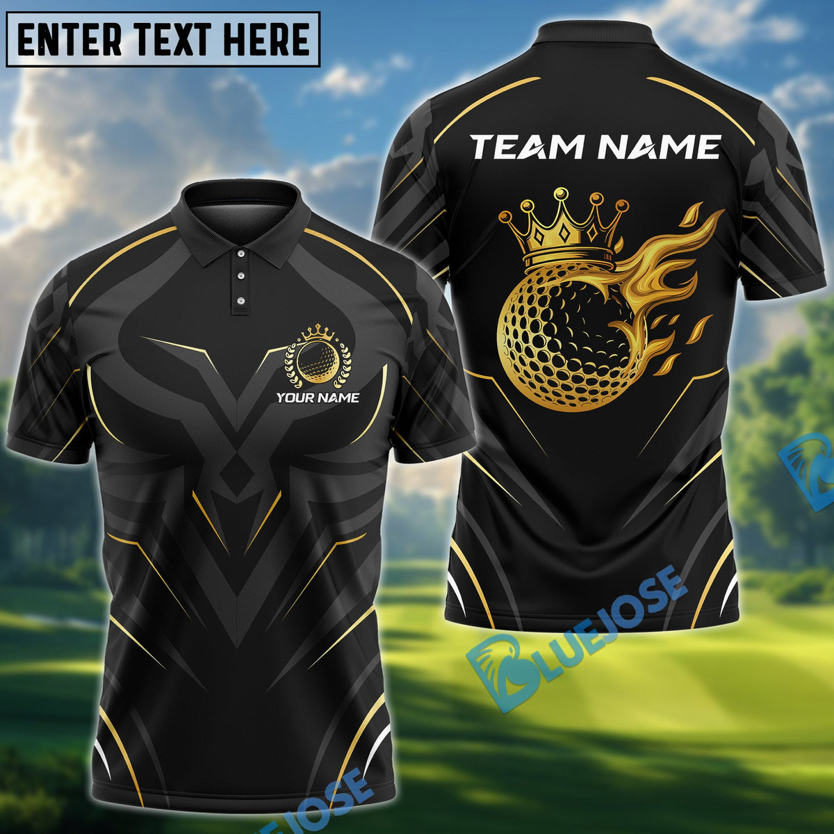 BlueJose Golf Golden Royal Flame Personalized Name, Team Name 3D Shirt (6 Colors)