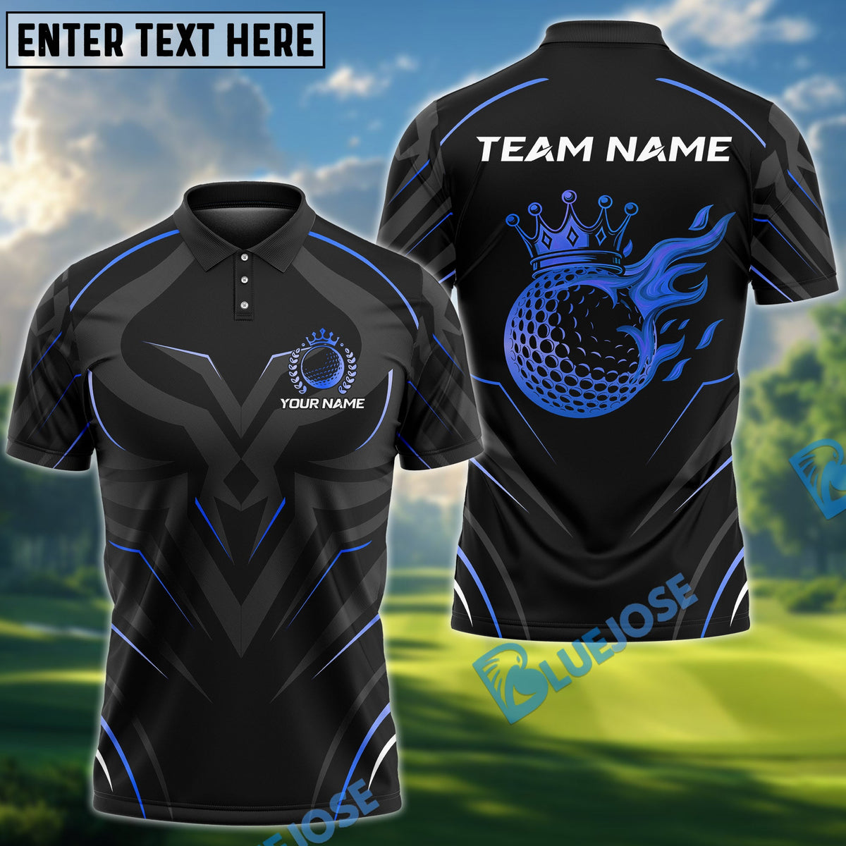 BlueJose Golf Golden Royal Flame Personalized Name, Team Name 3D Shirt (6 Colors)