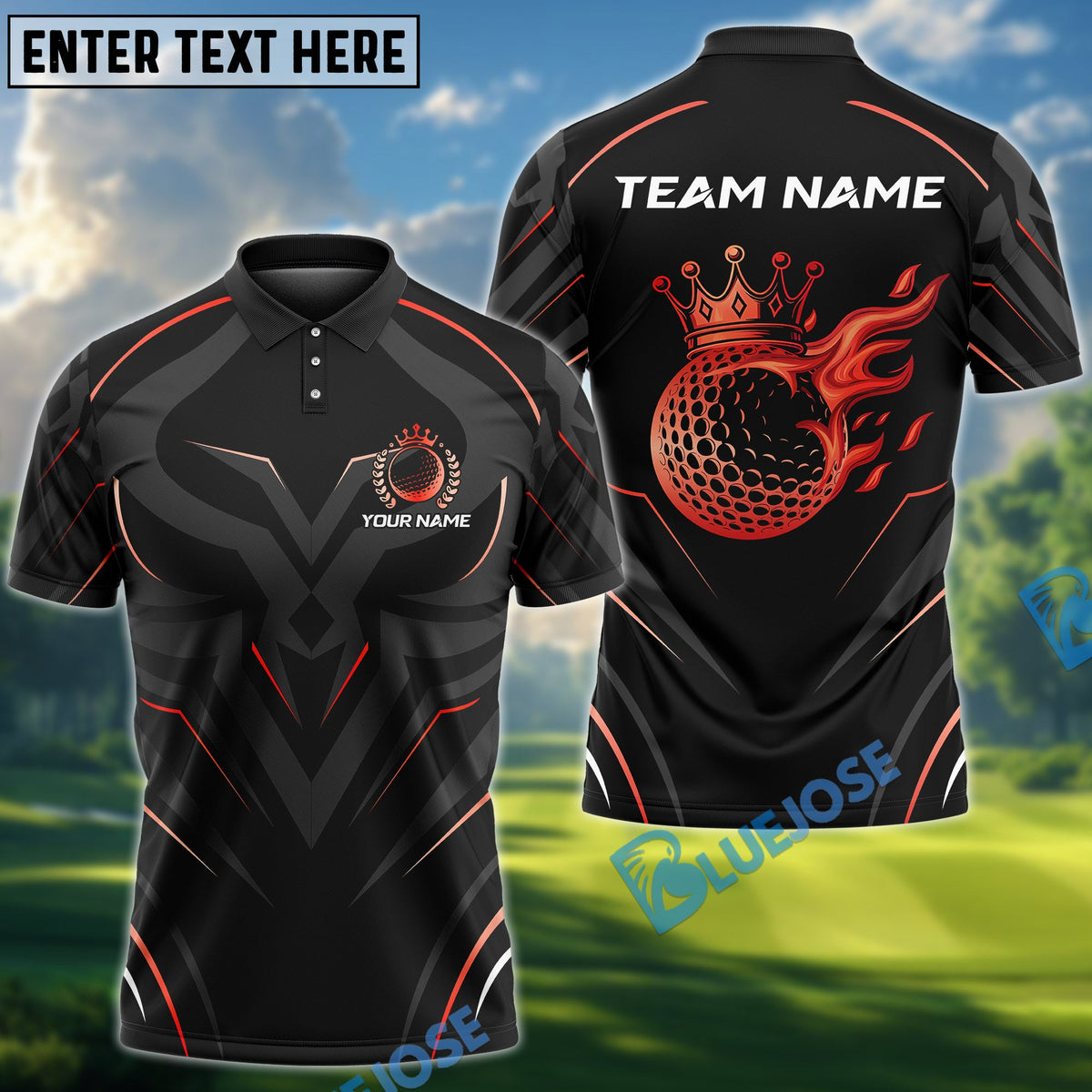 BlueJose Golf Golden Royal Flame Personalized Name, Team Name 3D Shirt (6 Colors)