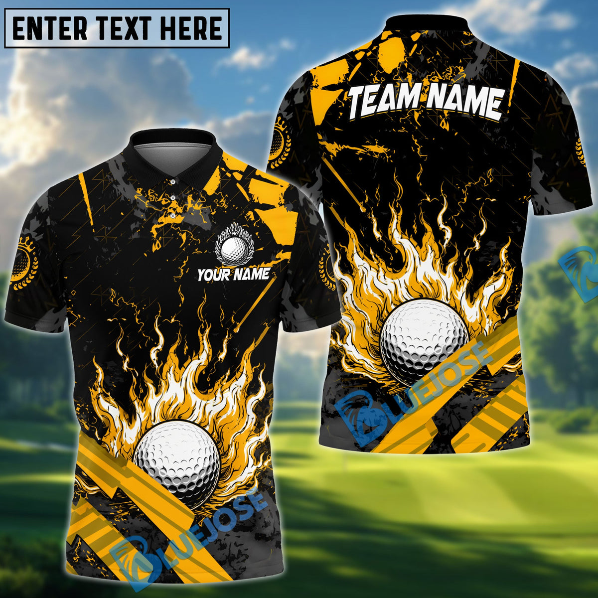 BlueJose Golf Grunge Flame Personalized Name, Team Name 3D Shirt (6 Colors)