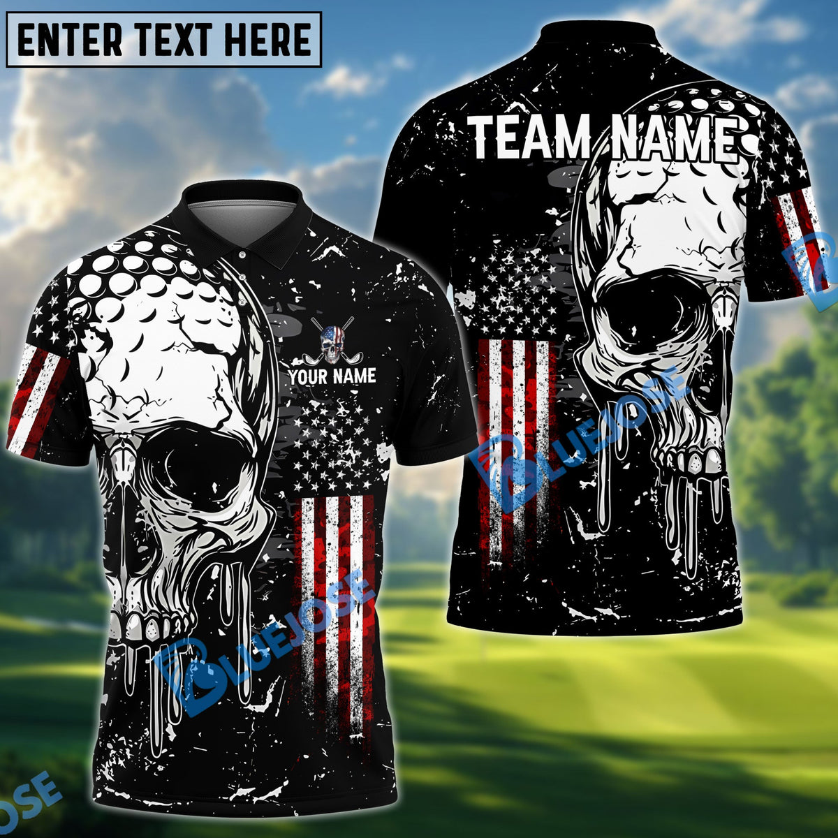 BlueJose Golf American Flag Skull Customized Name, Team Name 3D Shirt