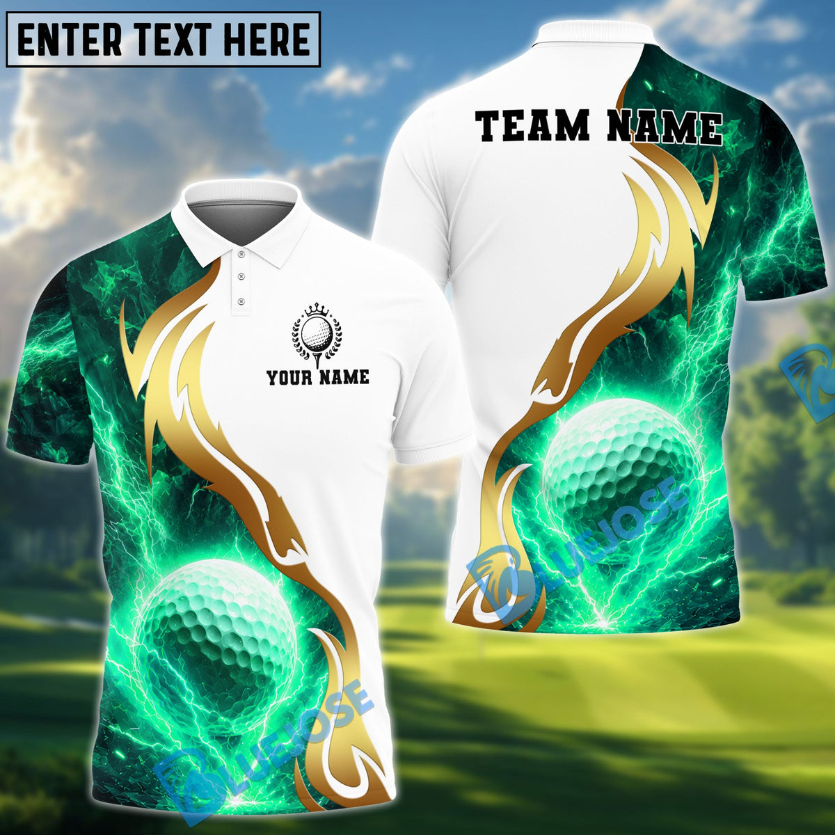 BlueJose Golf White Golden Lightning Personalized Name, Team Name 3D Shirt (4 Colors)
