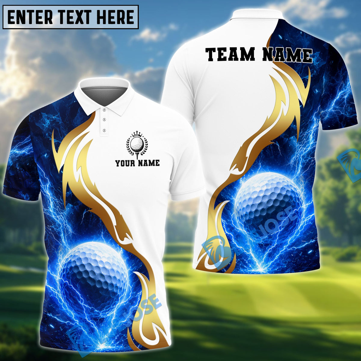 BlueJose Golf White Golden Lightning Personalized Name, Team Name 3D Shirt (4 Colors)