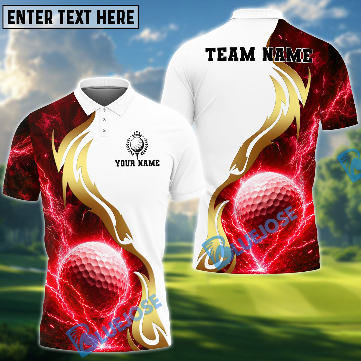 BlueJose Golf White Golden Lightning Personalized Name, Team Name 3D Shirt (4 Colors)