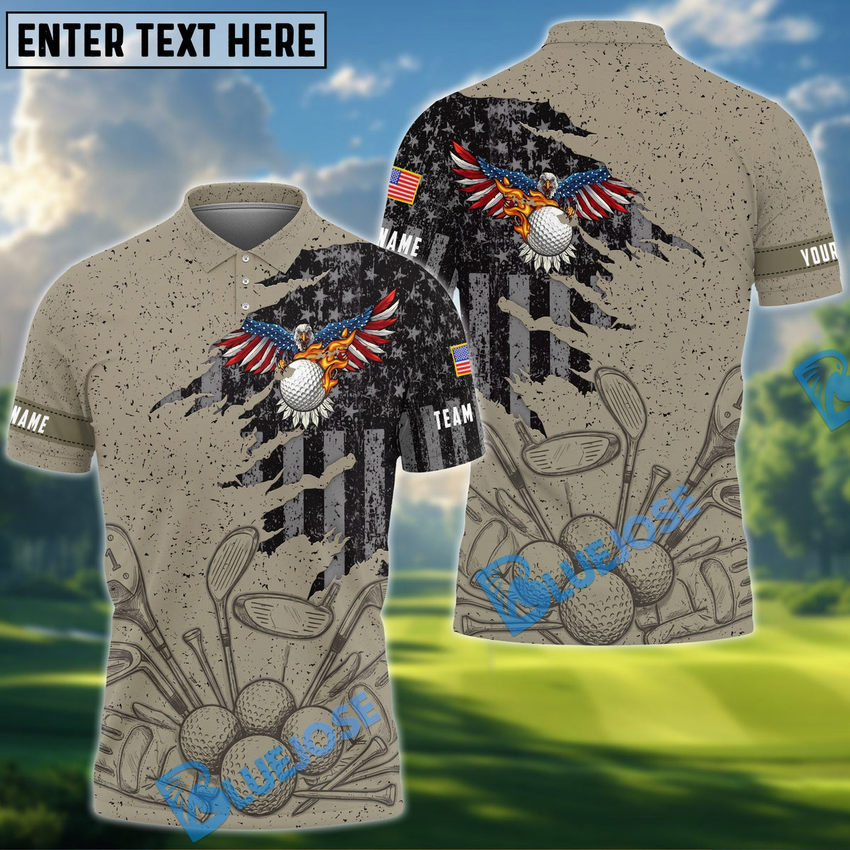 BlueJose Golf Eagle Retro American Flag Pattern Customized Name, Team Name 3D Shirt