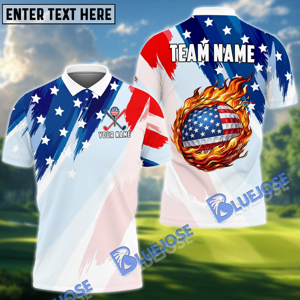 BlueJose Golf American Flag Flame Customized Name, Team Name 3D Shirt