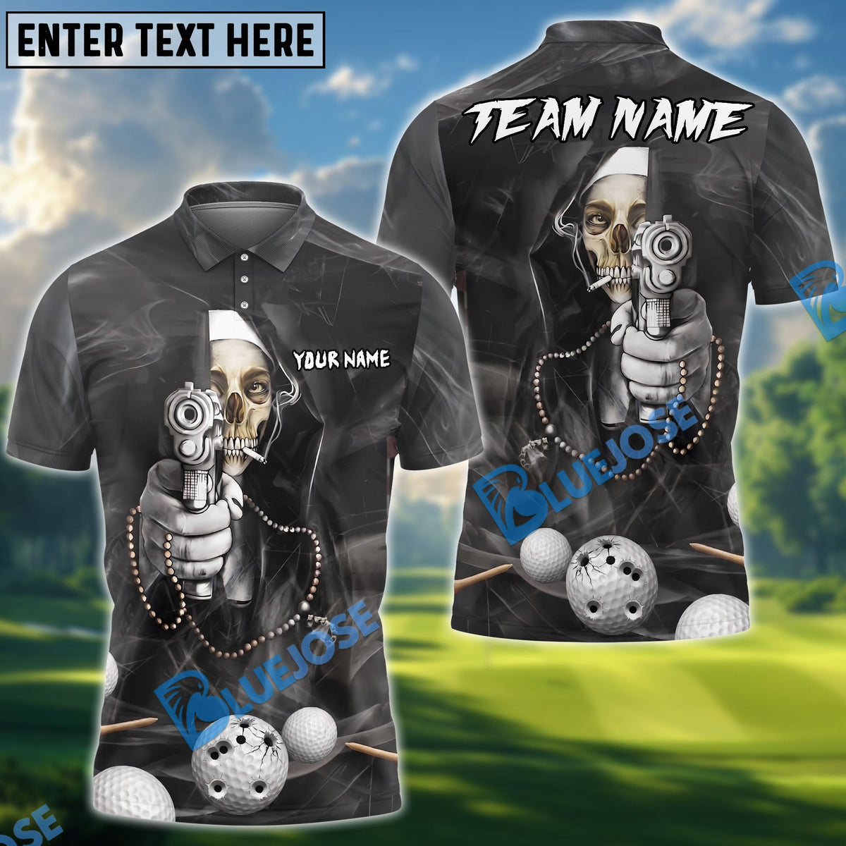 BlueJose Golf Nun Reaper Shooter Customized Name, Team Name 3D Shirt
