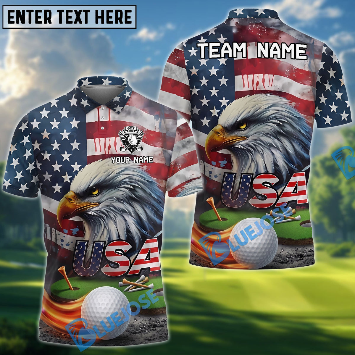 BlueJose Golf Eagle Patriotioc USA Flag Customized Name, Team Name 3D Shirt