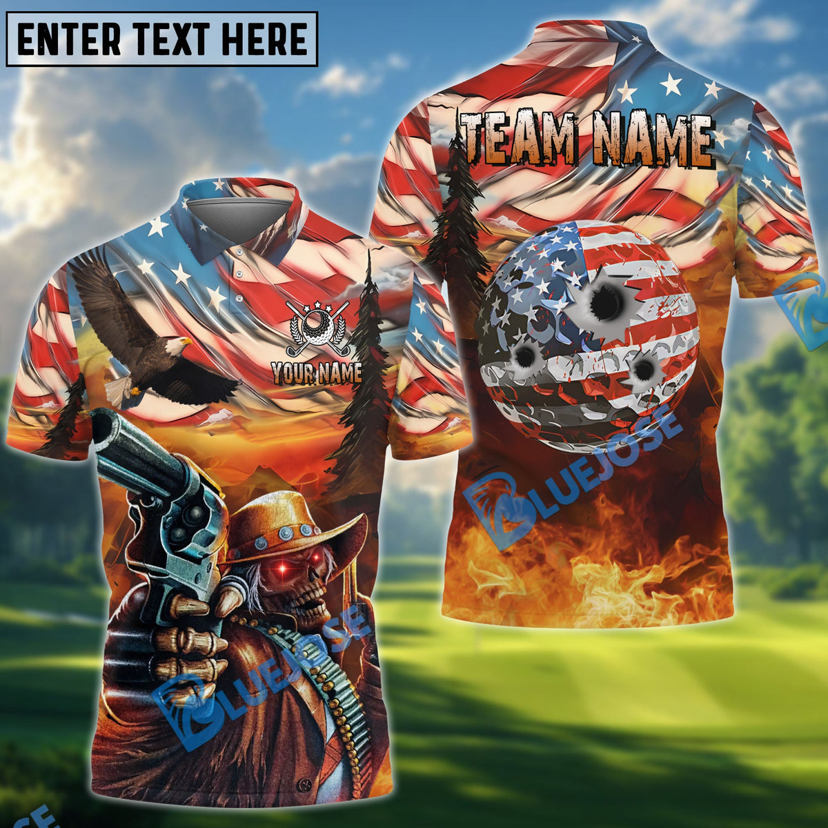 BlueJose Golf American West Cowboy Skull Customized Name, Team Name 3D Shirt