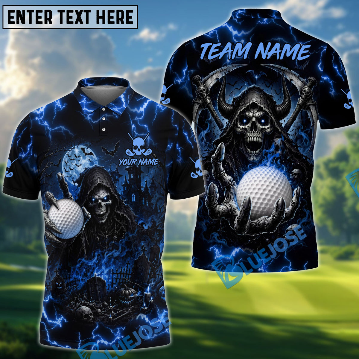 BlueJose Golf Haunted Grim Reaper Personalized Name, Team Name 3D Shirt (6 Colors)