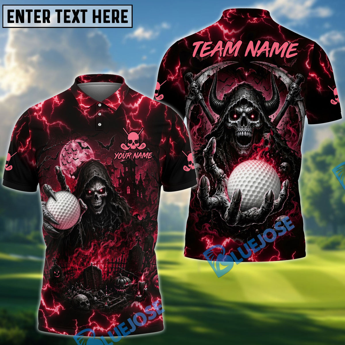 BlueJose Golf Haunted Grim Reaper Personalized Name, Team Name 3D Shirt (6 Colors)