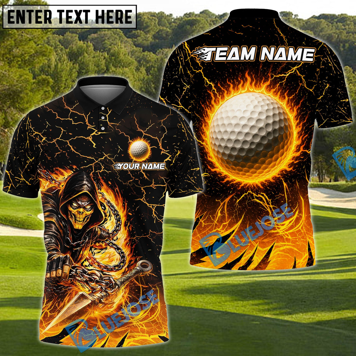 BlueJose Golf Flaming Assassin Personalized Name, Team Name 3D Shirt (4 Colors)