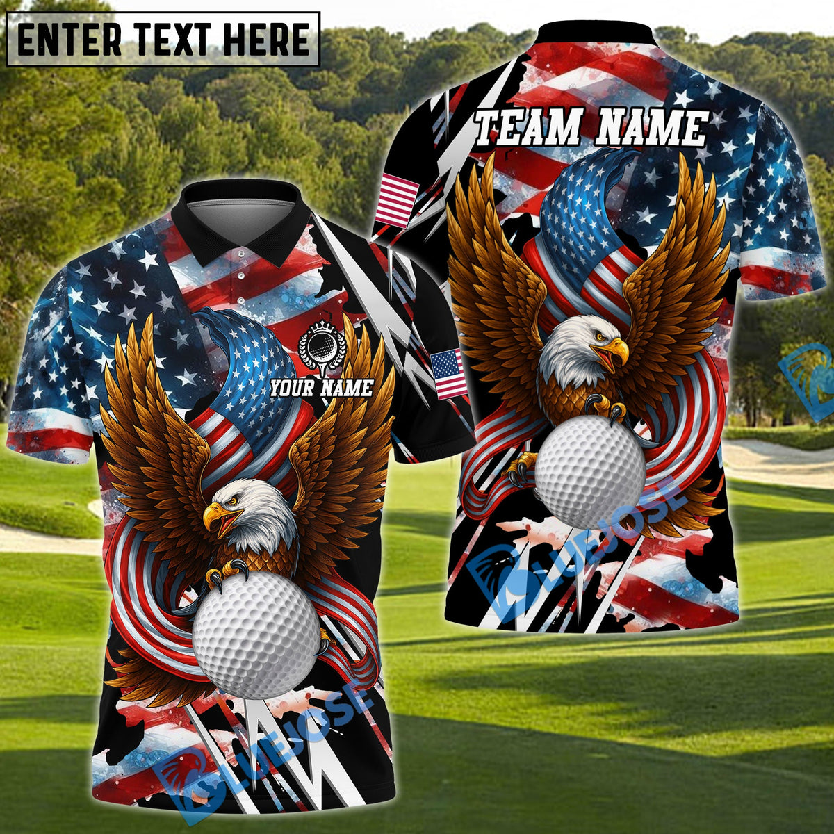 BlueJose Golf American Eagle Patriotic USA Flag Champion Design Customized Name, Team Name 3D Shirt