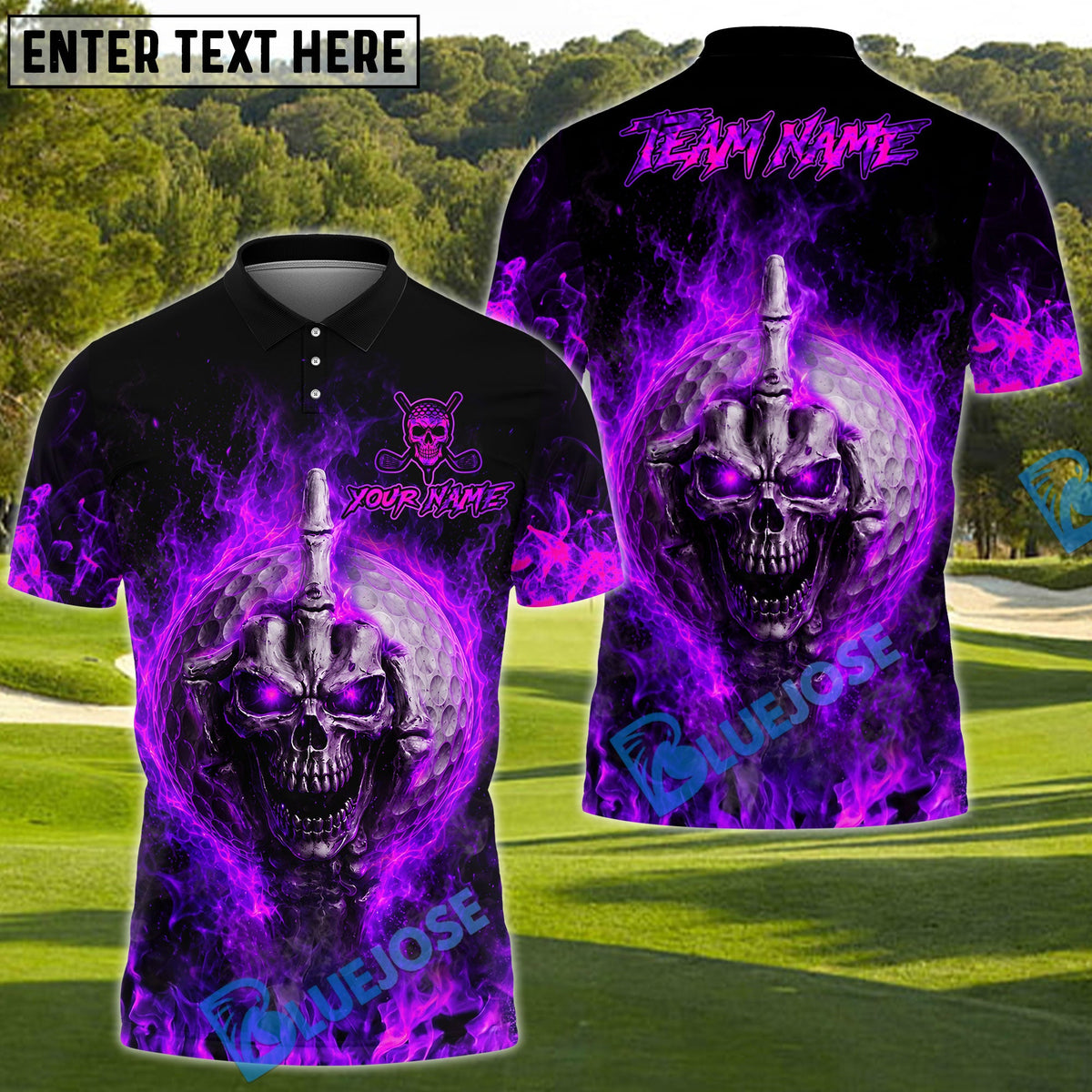 BlueJose Golf Flaming Skull Face Skeleton Middle Finger Personalized Name, Team Name 3D Shirt (4 Colors)