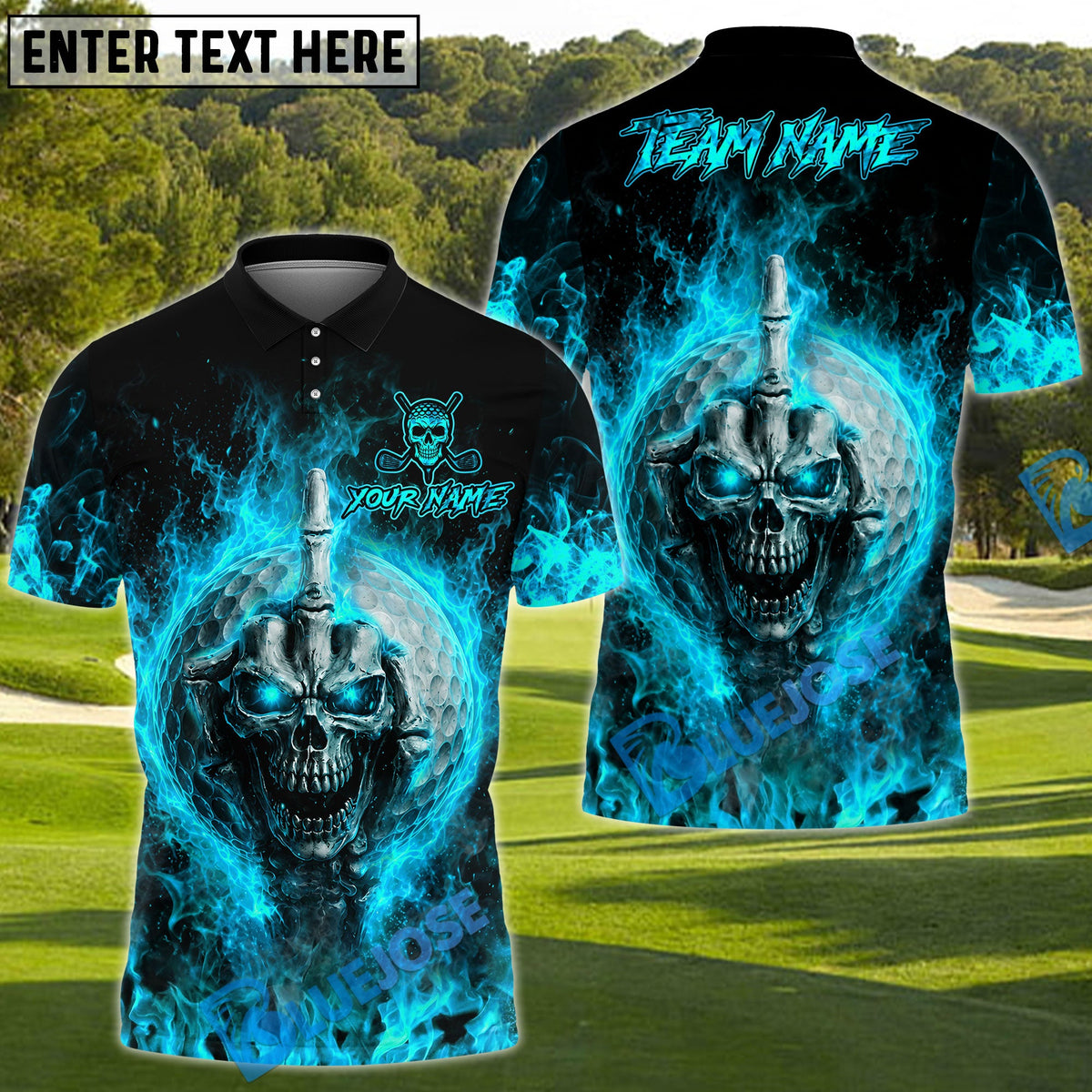 BlueJose Golf Flaming Skull Face Skeleton Middle Finger Personalized Name, Team Name 3D Shirt (4 Colors)
