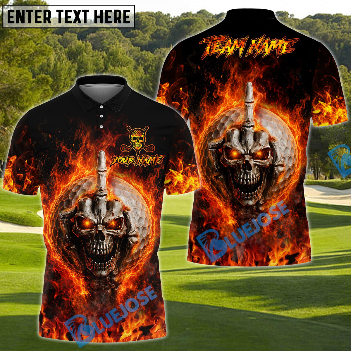 BlueJose Golf Flaming Skull Face Skeleton Middle Finger Personalized Name, Team Name 3D Shirt (4 Colors)