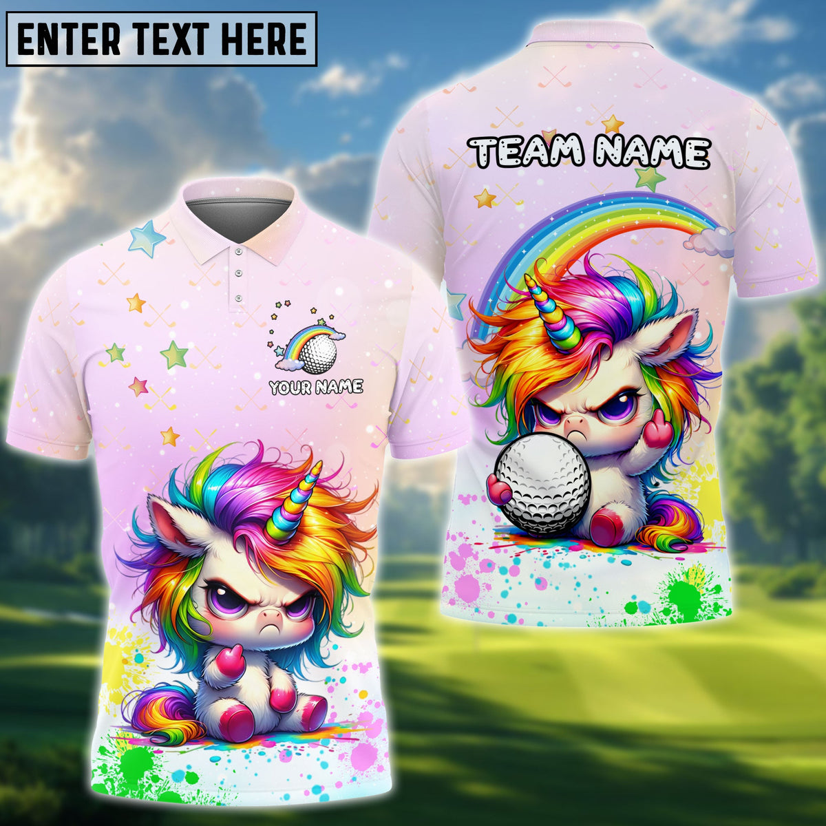 BlueJose Golf Cute Angry Unicorn Rainbow Customized Name, Team Name 3D Shirt