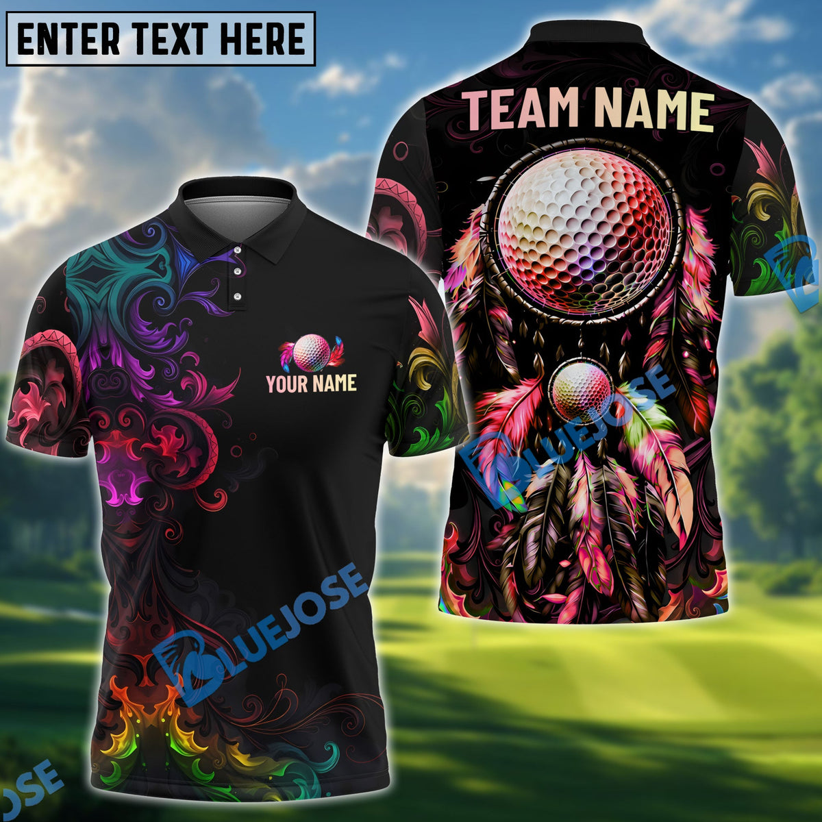 BlueJose Golf Colorful Dreamcatcher Neon Tribal Personalized Name, Team Name 3D Shirt (4 Colors)