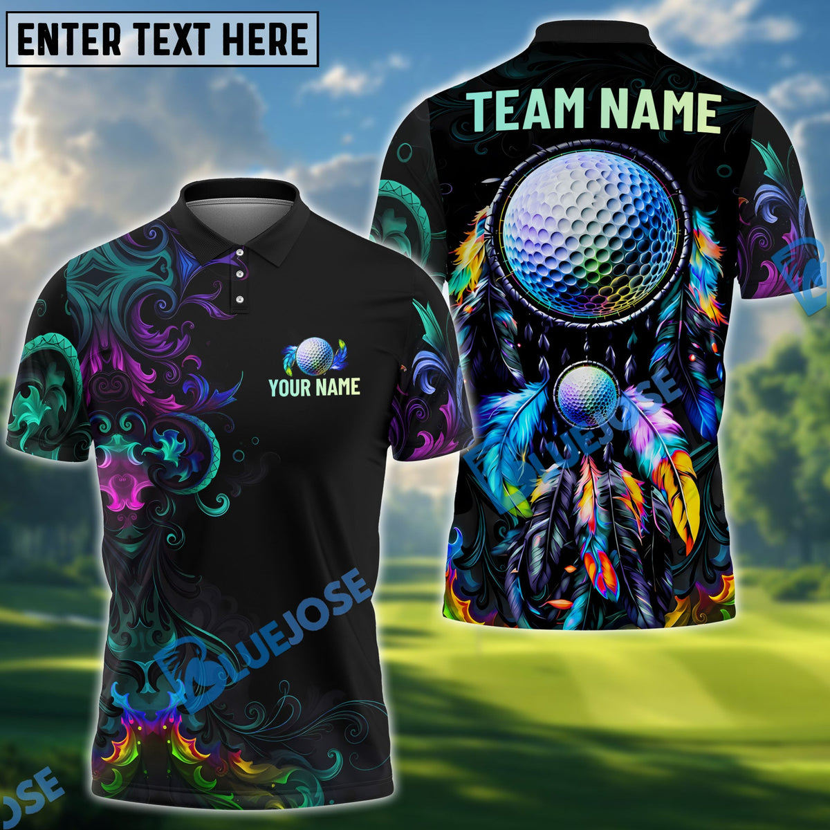 BlueJose Golf Colorful Dreamcatcher Neon Tribal Personalized Name, Team Name 3D Shirt (4 Colors)