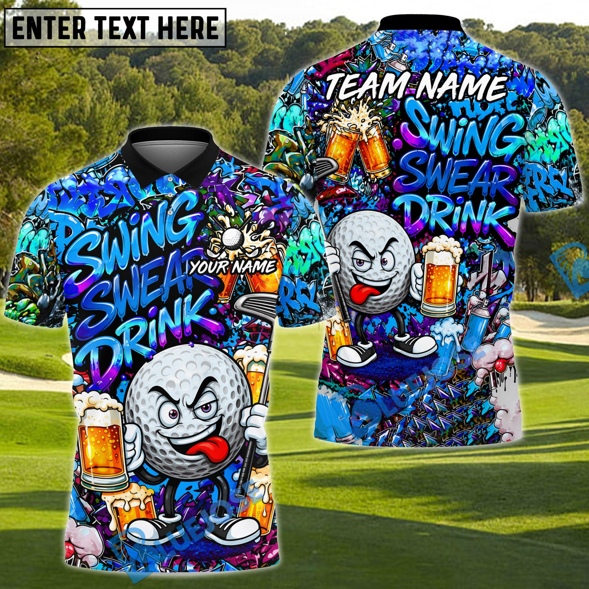 BlueJose Golf Beer Graffiti Character Funny Drunk Personalized Name, Team Name 3D Shirt (6 Colors)