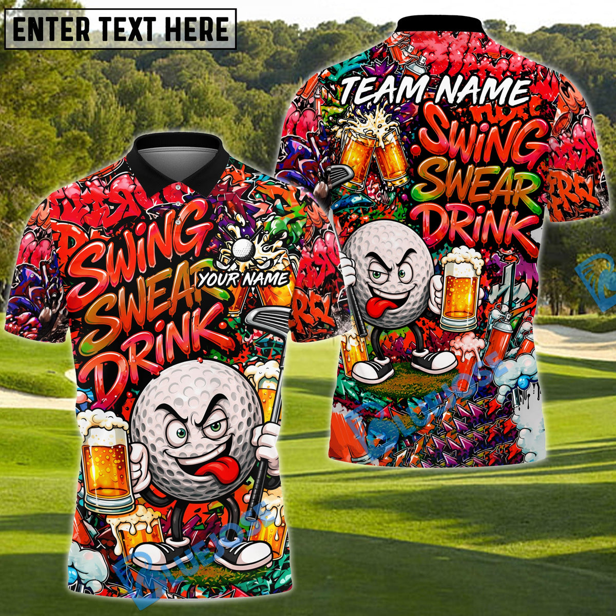 BlueJose Golf Beer Graffiti Character Funny Drunk Personalized Name, Team Name 3D Shirt (6 Colors)