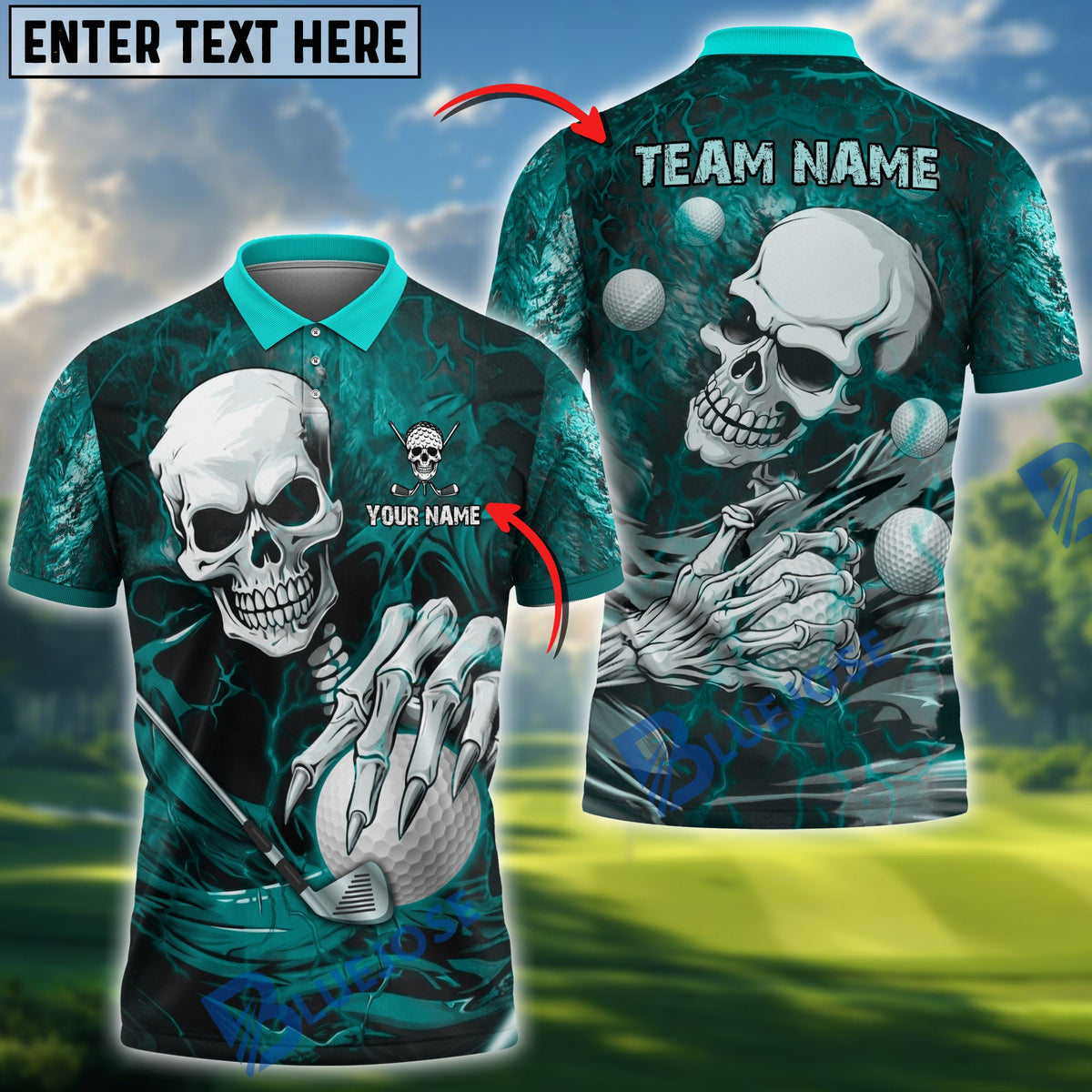 BlueJose Golf Skull Lightning Personalized Name, Team Name 3D Shirt (4 Colors)