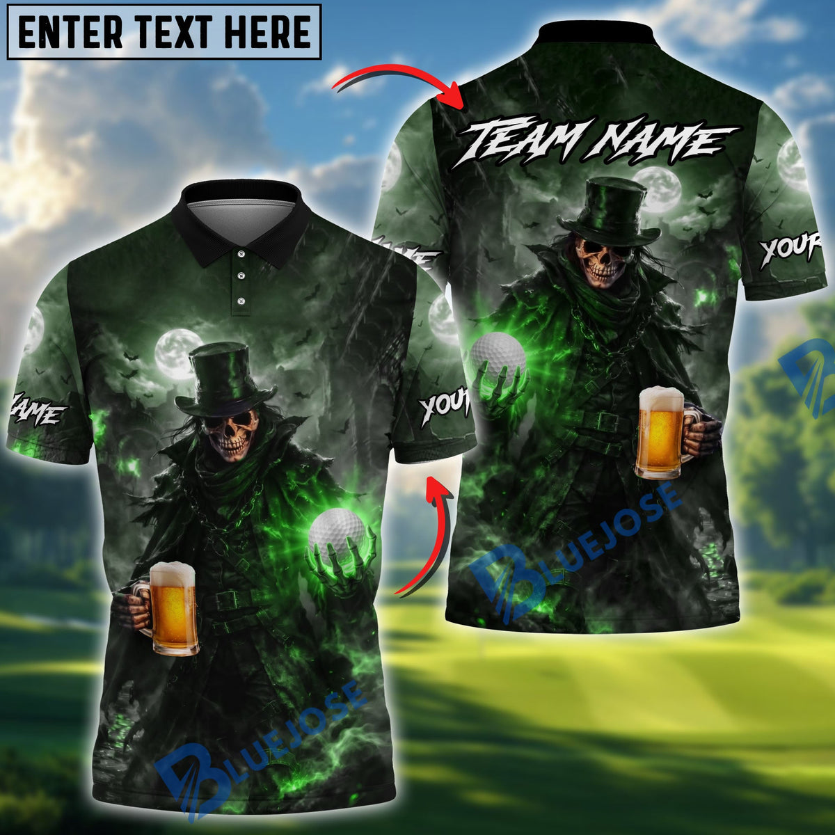 BlueJose Golf Beer Dark Gentleman Skull Personalized Name, Team Name 3D Shirt (6 Colors)