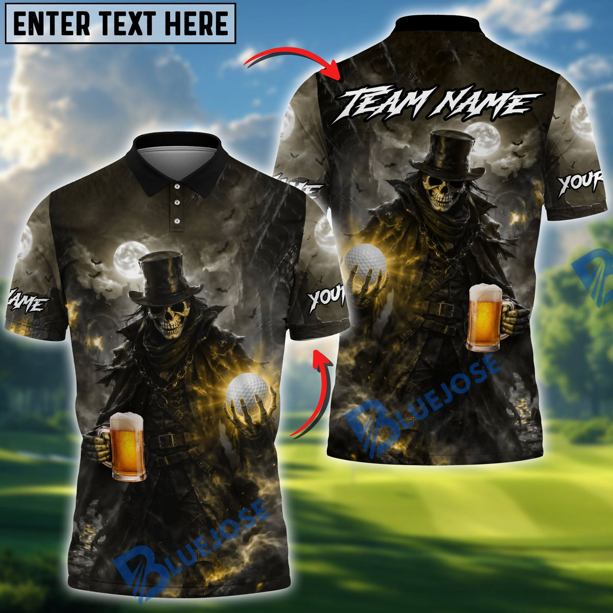 BlueJose Golf Beer Dark Gentleman Skull Personalized Name, Team Name 3D Shirt (6 Colors)