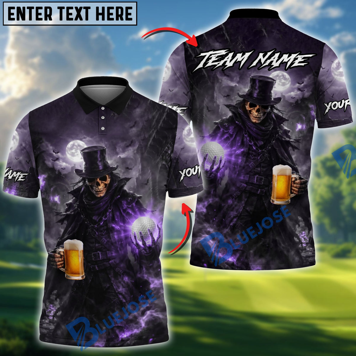 BlueJose Golf Beer Dark Gentleman Skull Personalized Name, Team Name 3D Shirt (6 Colors)