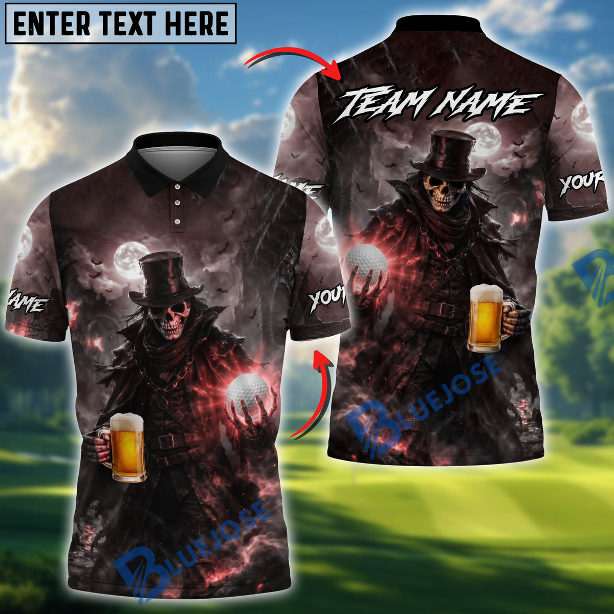 BlueJose Golf Beer Dark Gentleman Skull Personalized Name, Team Name 3D Shirt (6 Colors)
