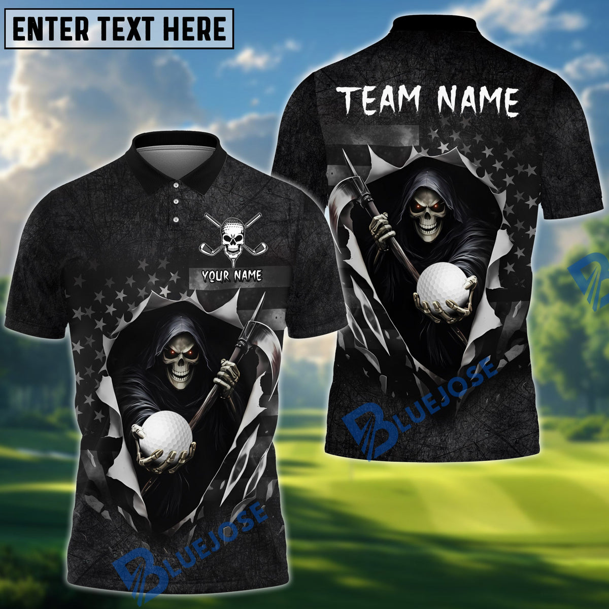 BlueJose Golf American Flag Reaper Customized Name, Team Name 3D Shirt