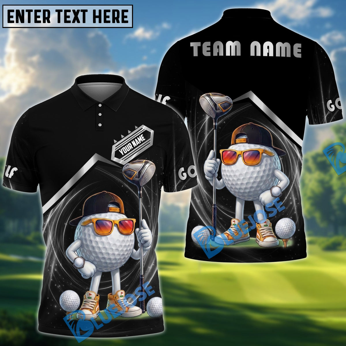 BlueJose Golf Funny Character Swirl Personalized Name, Team Name 3D Shirt (6 Colors)