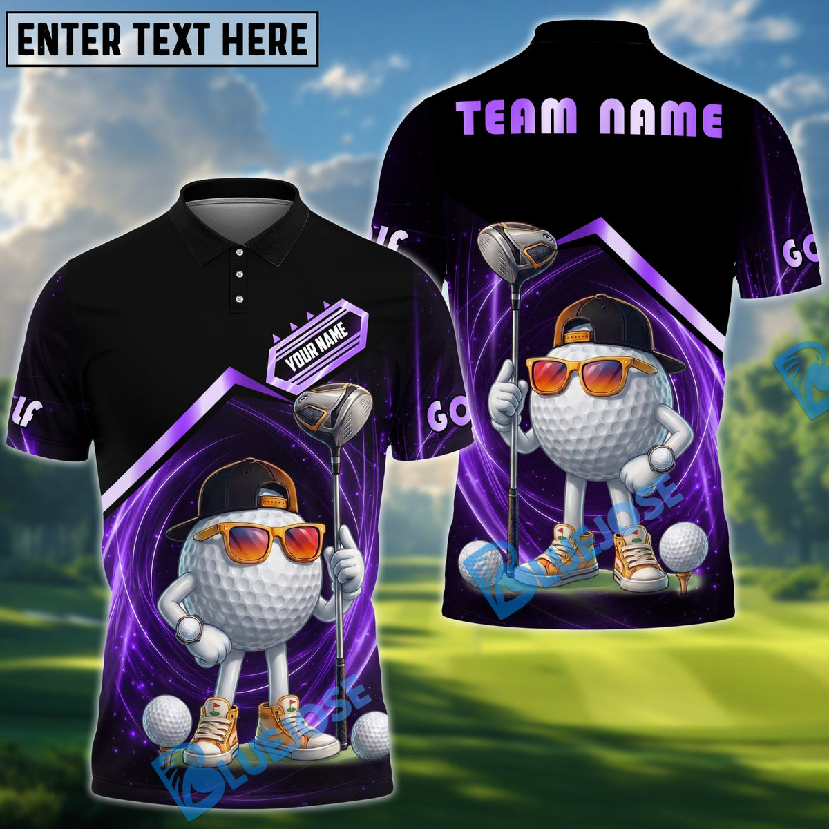 BlueJose Golf Funny Character Swirl Personalized Name, Team Name 3D Shirt (6 Colors)