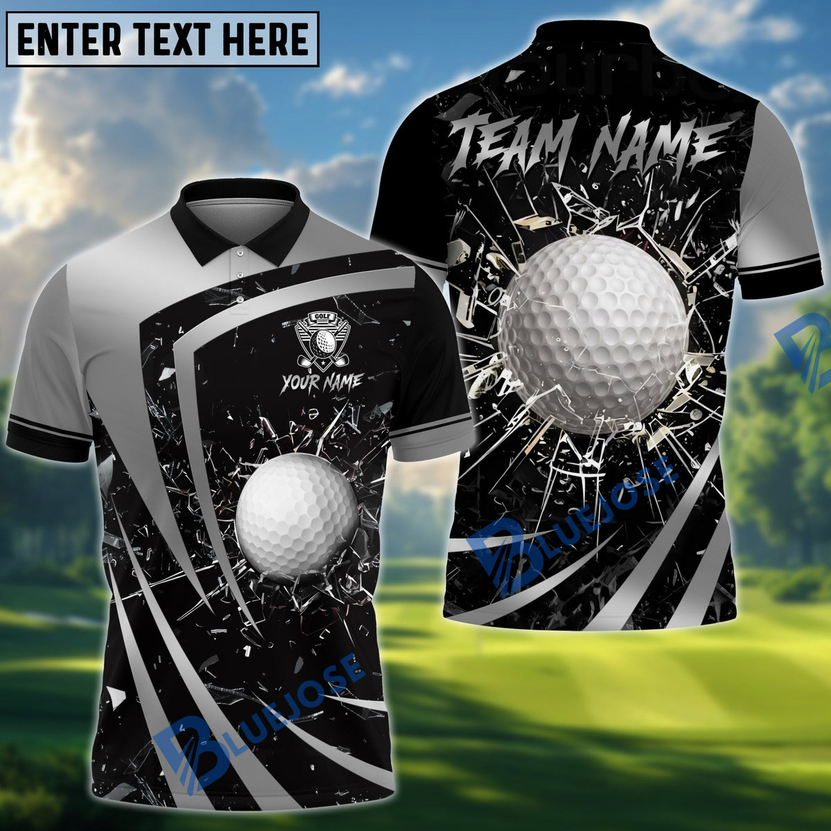 BlueJose Golf Metallic Break Glass Personalized Name, Team Name 3D Shirt (6 Colors)