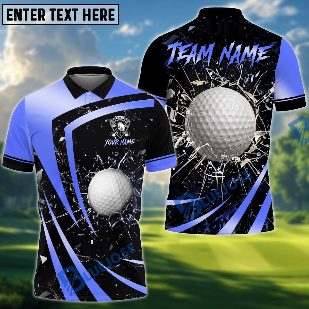 BlueJose Golf Metallic Break Glass Personalized Name, Team Name 3D Shirt (6 Colors)