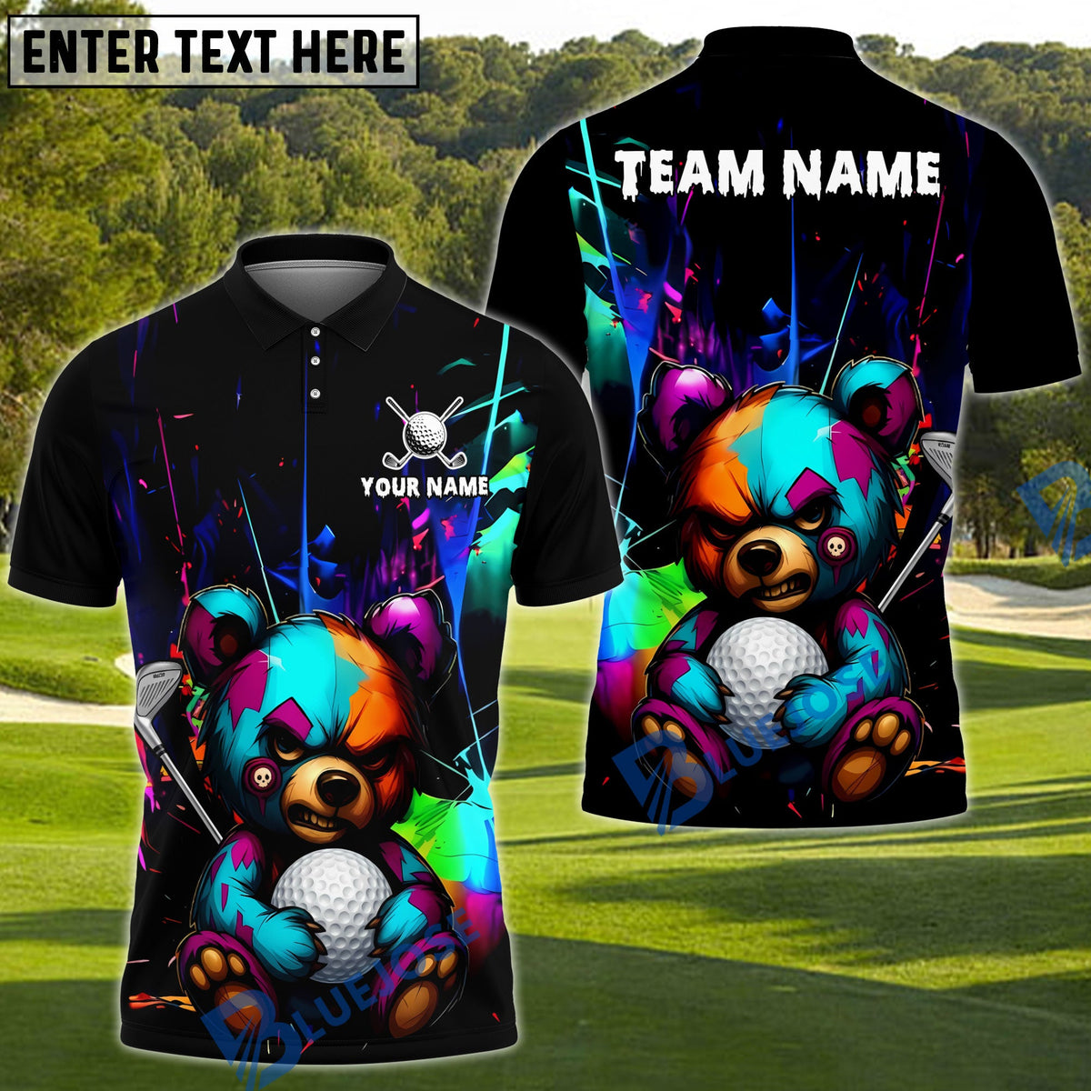 BlueJose Golf Colorful Angry Teddy Bear Customized Name, Team Name 3D Shirt