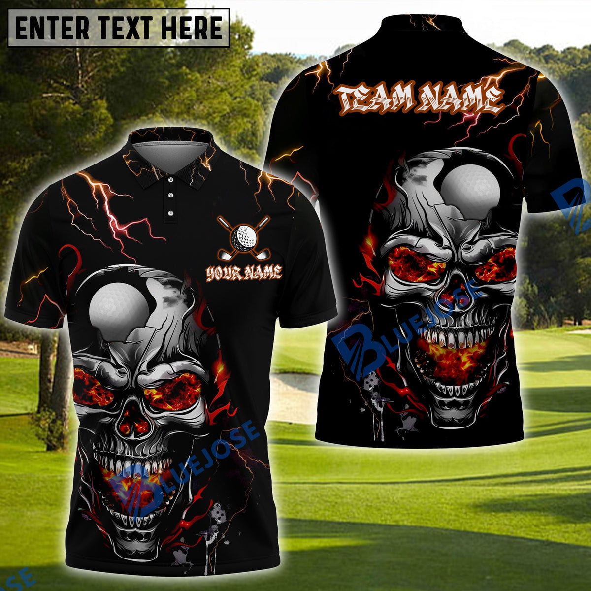 BlueJose Golf Thunder Lightning Skull Personalized Name, Team Name 3D Shirt (4 Colors)